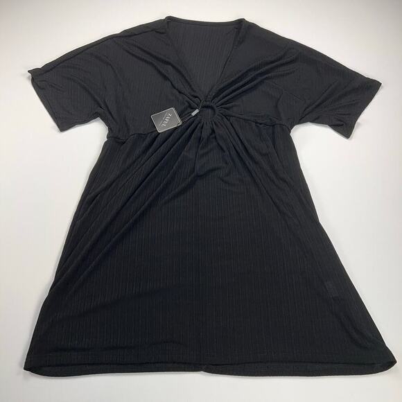 Zaful Swim Cover Up Ribbed Black V-Neck O-Ring Short Sleeve New w/Tags Size L - Picture 4 of 10